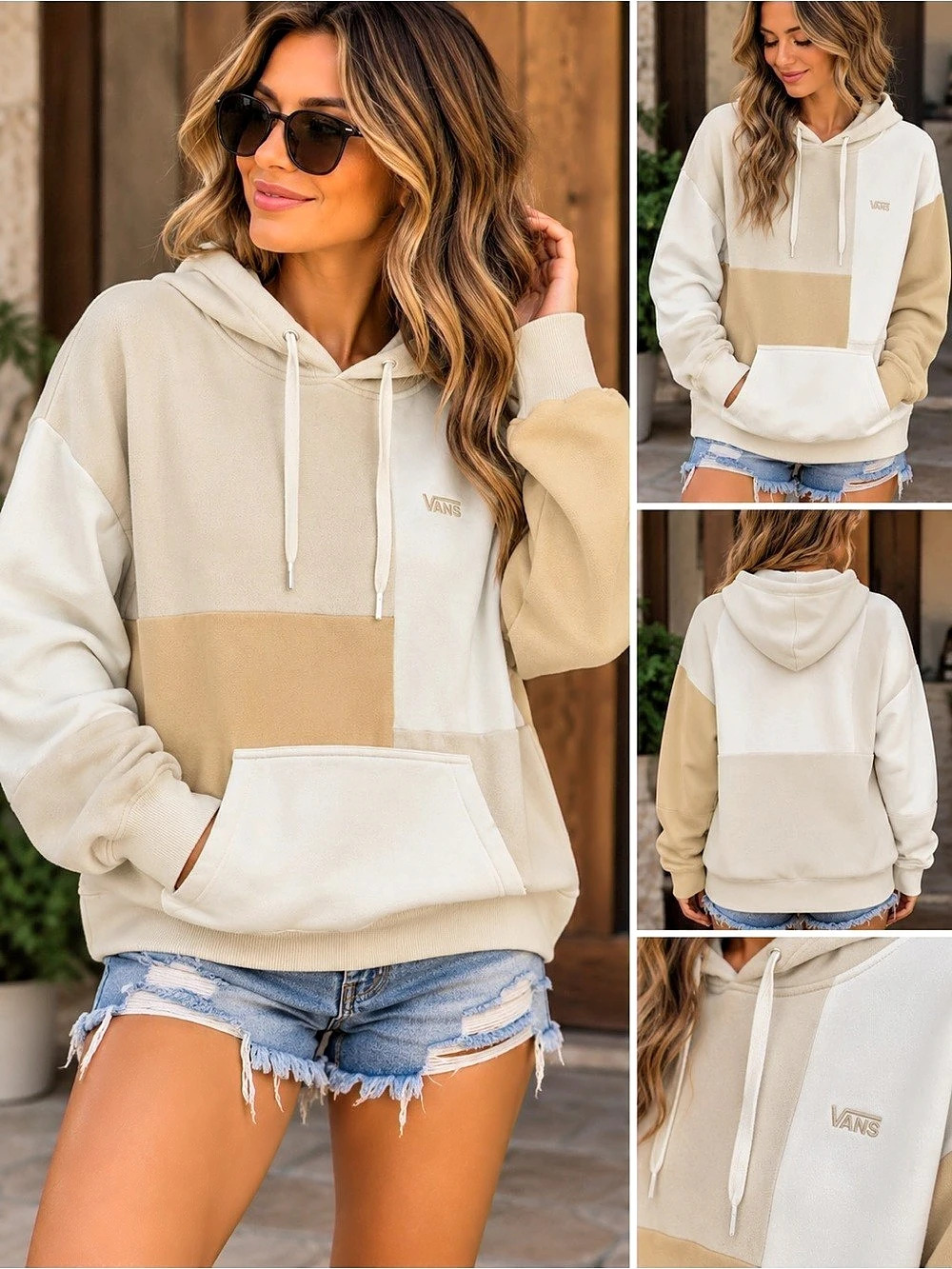 Vans Patchwork Hoodie Color Block Cream & Brown Size Small